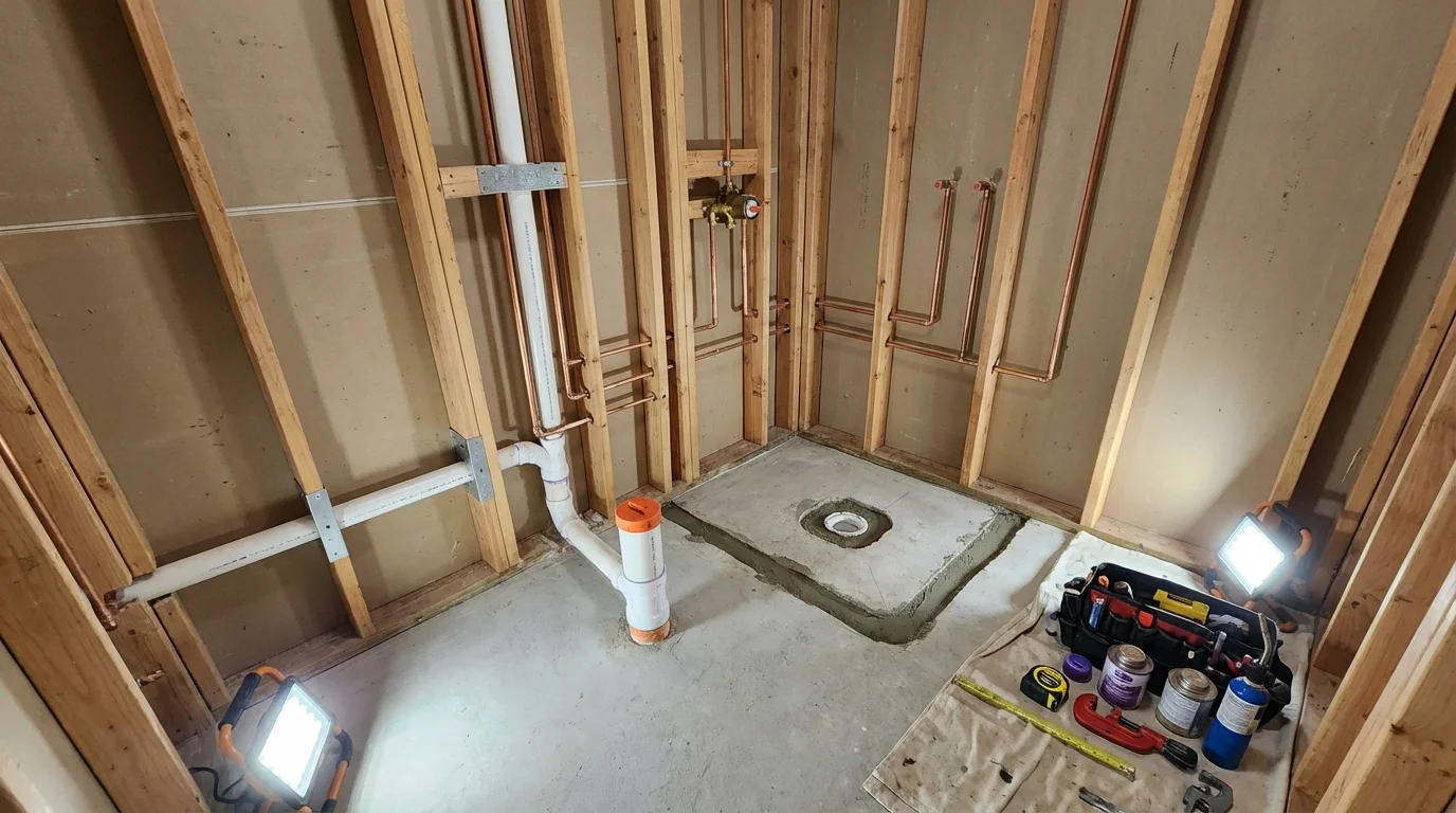 Bathroom rough-in plumbing during remodel by Johns Plumbing LLC in New Rochelle