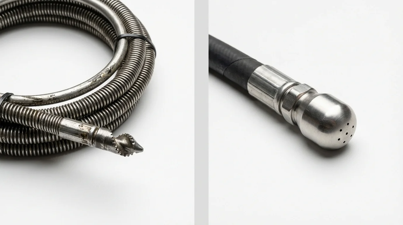 Drain snake cable and hydro jetting nozzle used for drain cleaning in New Rochelle, NY