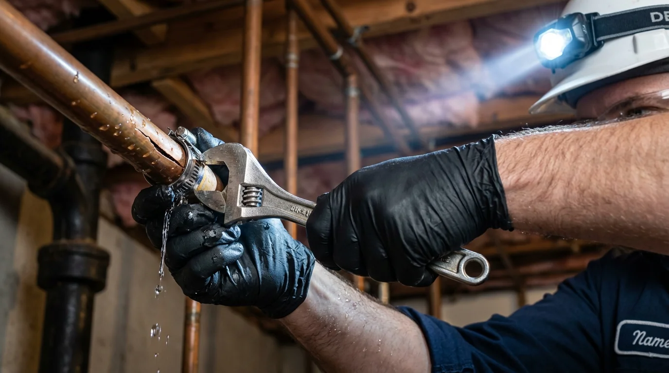 Emergency pipe clamp repair being performed by a Johns Plumbing LLC plumber in New Rochelle