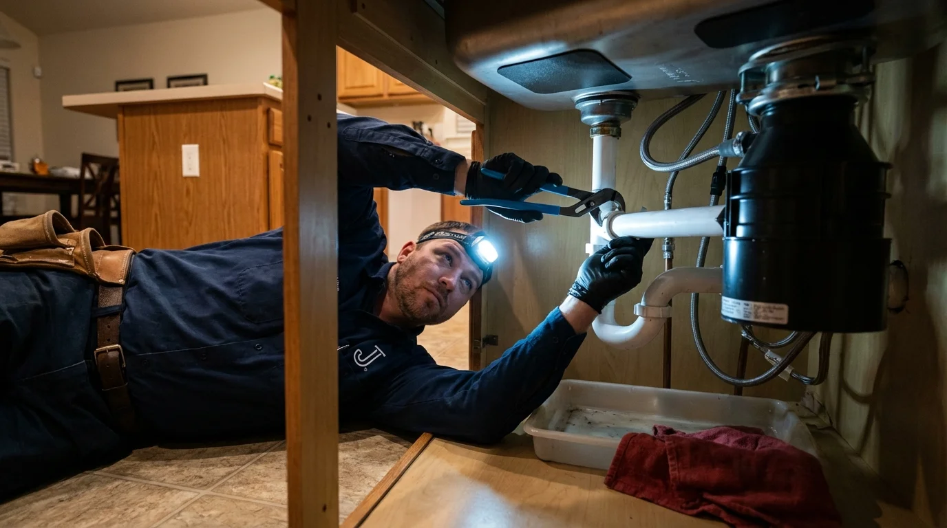 P-trap and supply line connections under a kitchen sink showing a common leak point in New Rochelle, NY